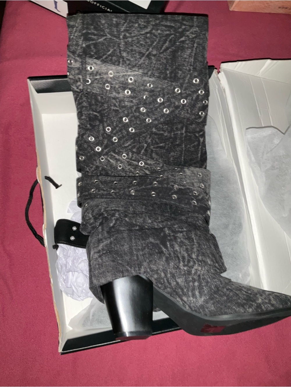 Women's Gray Studded Mid-Calf Boot black grommet boots